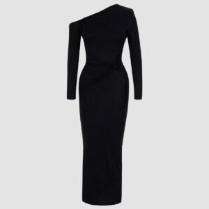 Vestido negro de lentejuelas retorcidas con mangas largas y hombros descubiertos