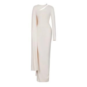 Vestido plisado manga larga de color hueso liso