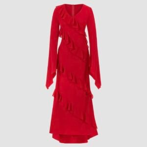 Vestido largo con volantes manga larga acampanadas y cuello en V